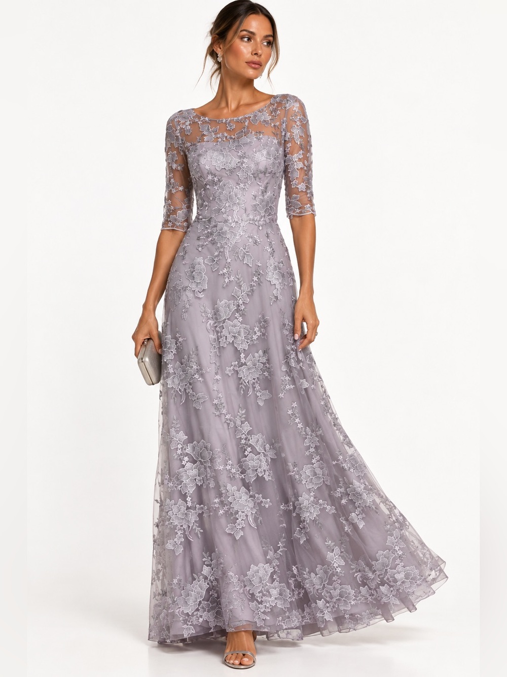 LA FEMME Elegant Lavender Lace Evening Gown